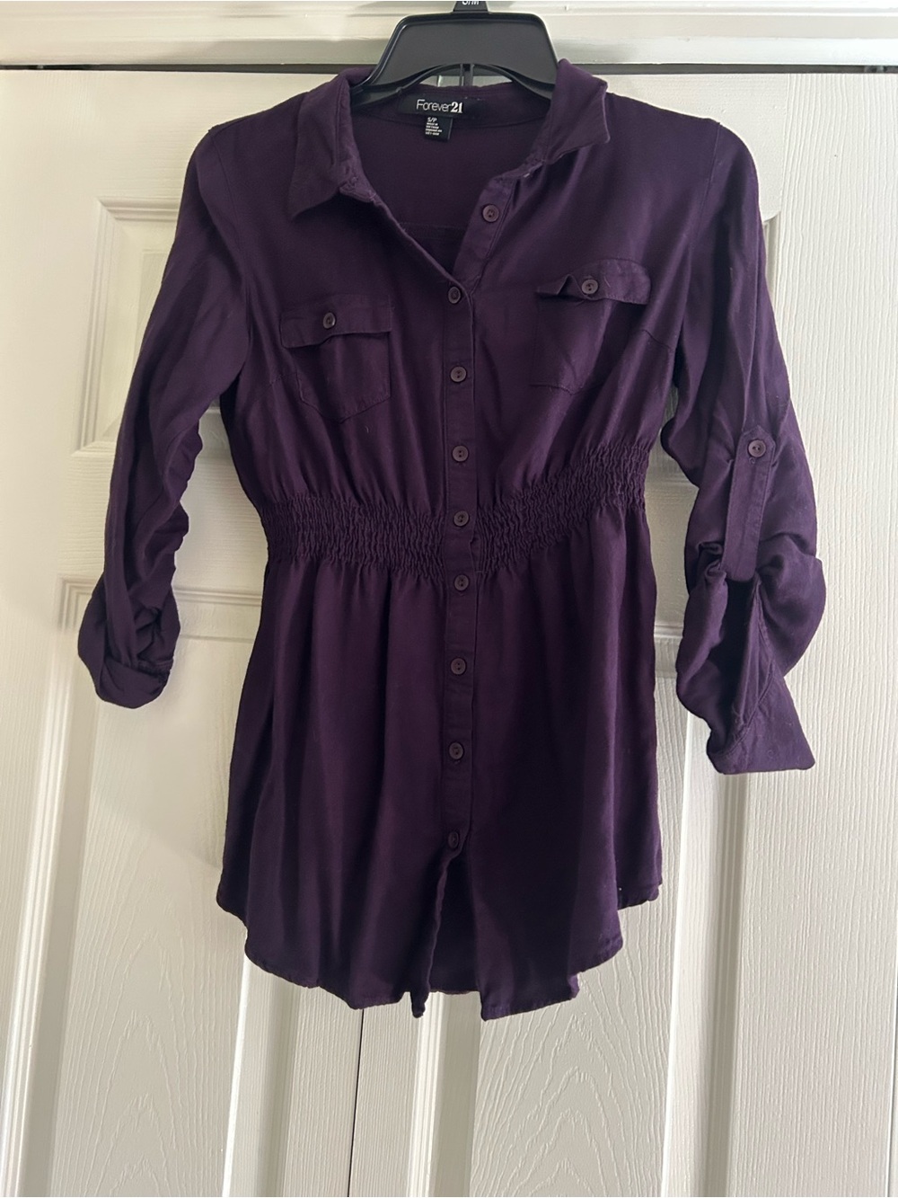 Forever 21 Deep Plum Button-Front Smocked Waist Tunic